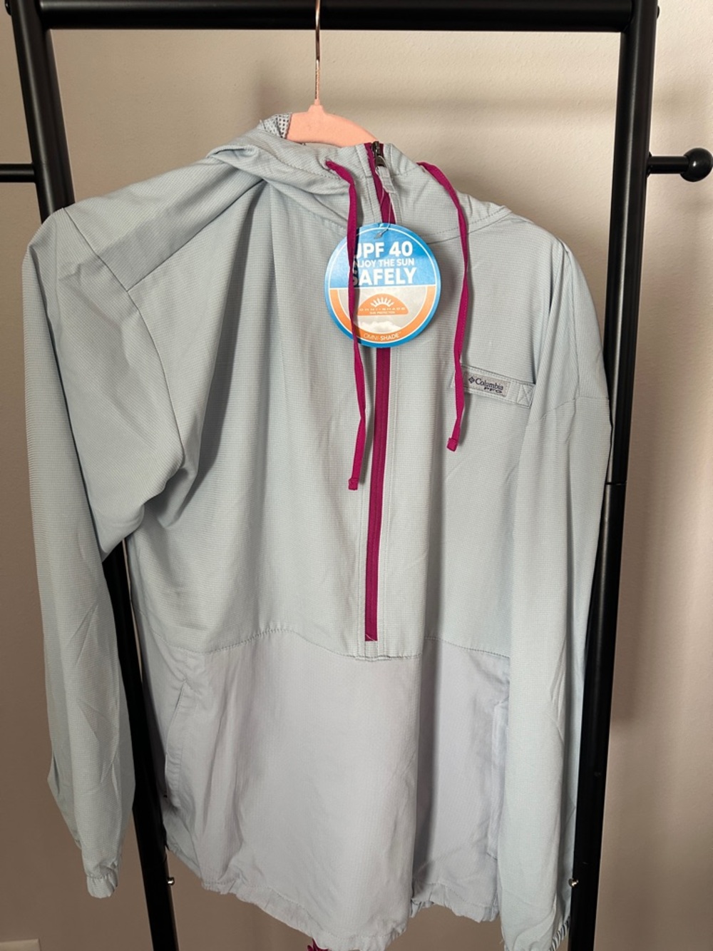 Columbia Pale Blue Sun Hoodie with Magenta Accents